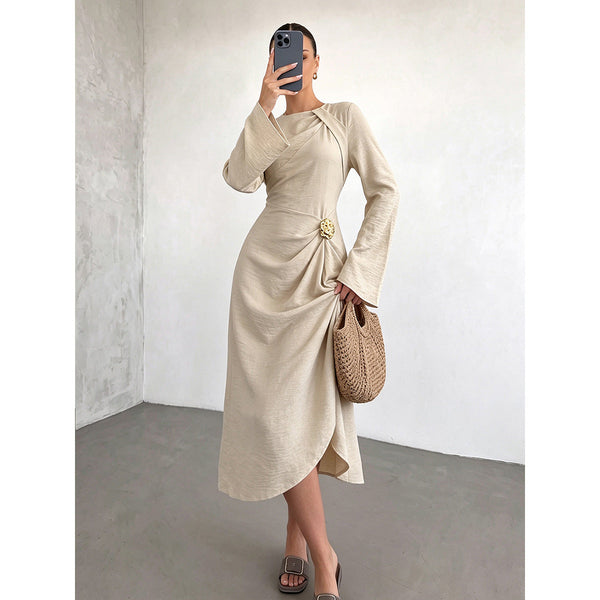 Round Neck Flare Sleeve Gold Ornament Ruched Midi Dress