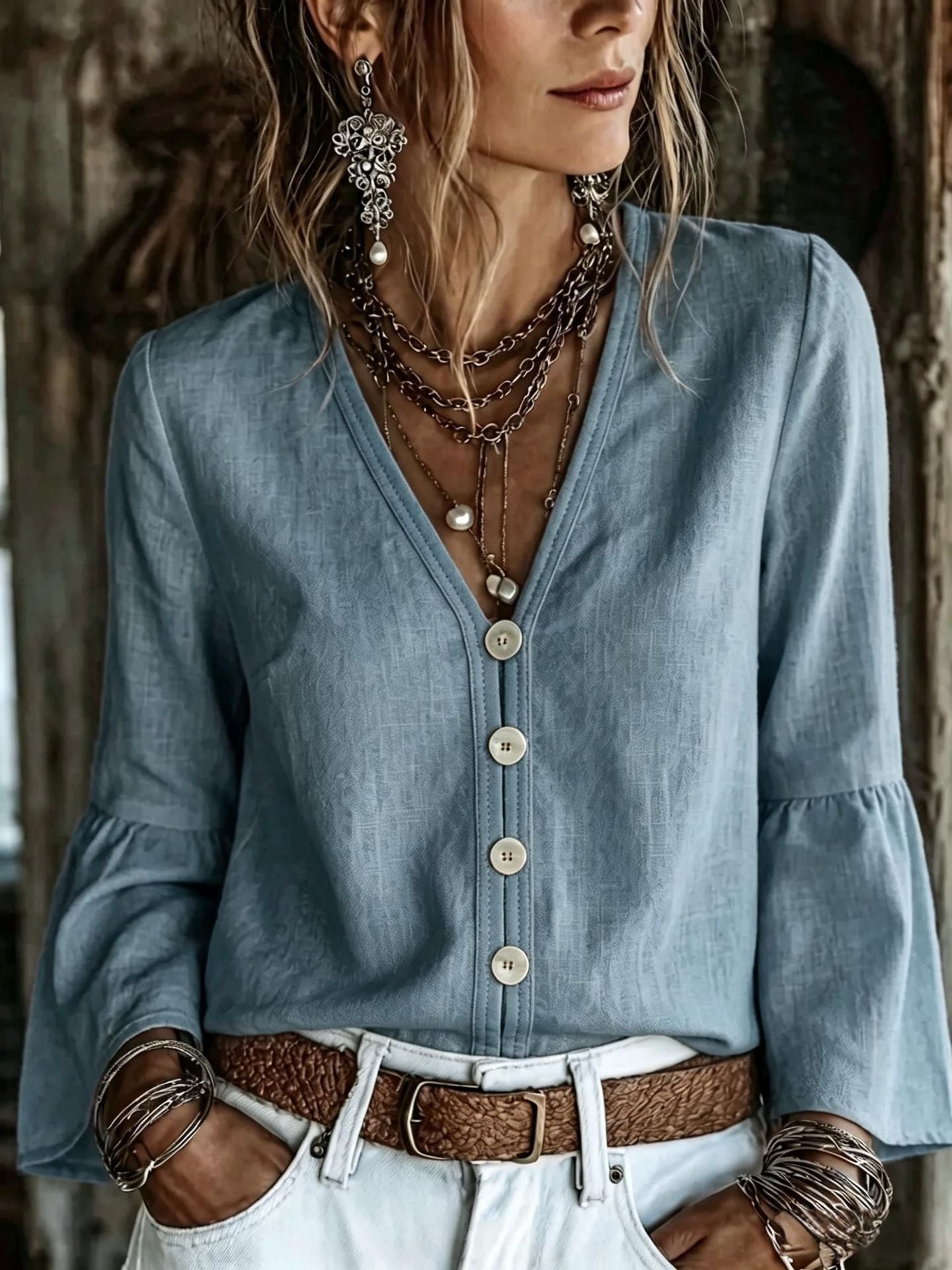 V-Neck Button-Front Bell Sleeve Blouse