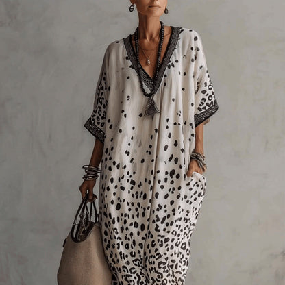 White Gradient Leopard Print Batwing Caftan Maxi Kaftan Dress