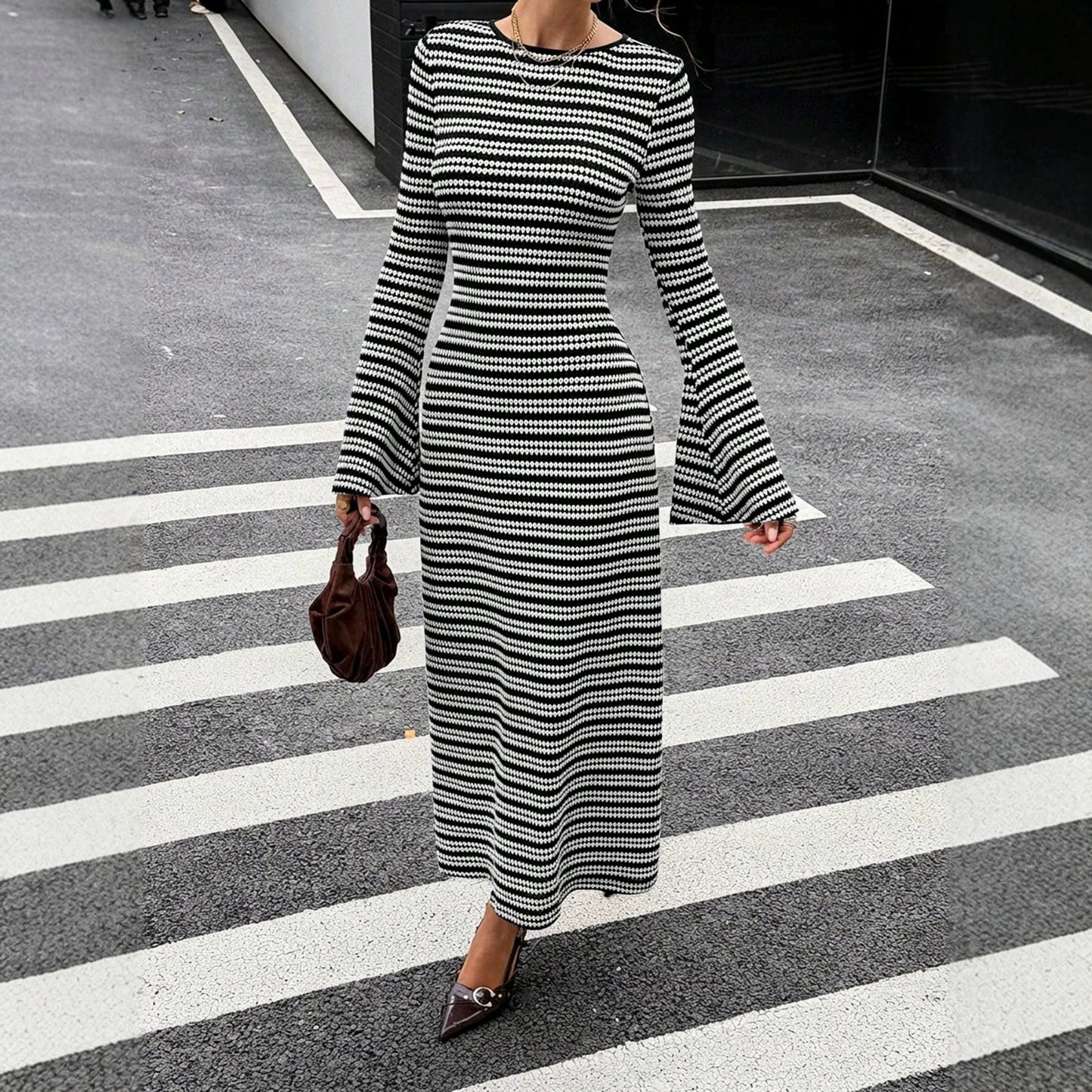 Urban Monochrome Striped Knit Maxi Dress Statement Bell Sleeve Slim‑Fit Long Party Dinner Dress