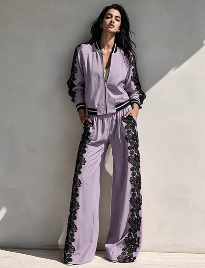 Bomber Jacket & Wide‑Leg Pants Two‑Piece Set with Black Lace Trim