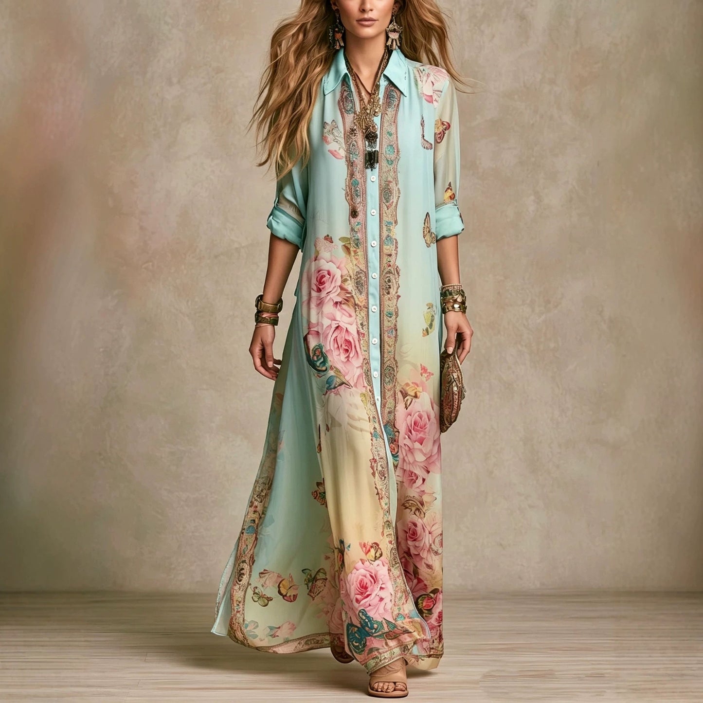 Baroque Style Floral Blue Chiffon Maxi Dress