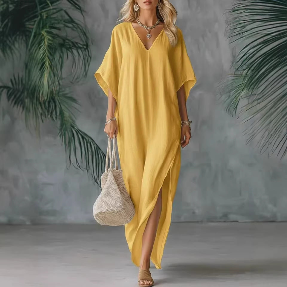 Linen Blend V-Neck Kaftan Maxi Dress