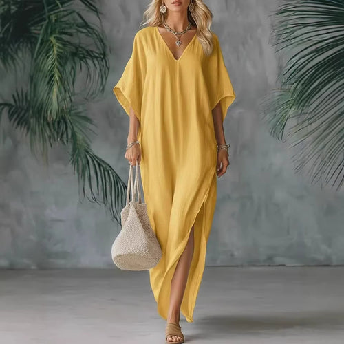 Linen Blend V-Neck Kaftan Maxi Dress