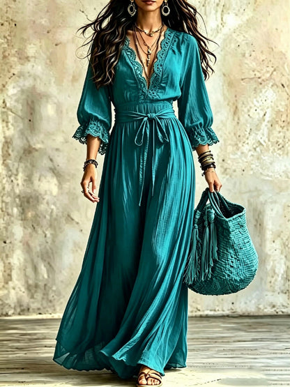Women Boho V‑Neck Maxi Dress, 3/4 Flare Bell Sleeve Tie Waist A‑Line Flowy Long Dress Casual Vacation Beach Dress