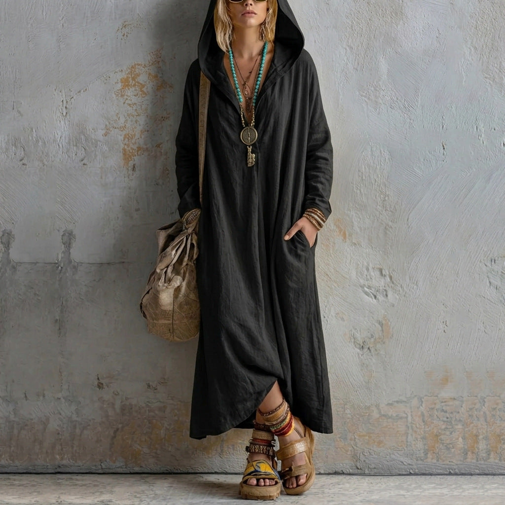 Soft Linen Hooded Maxi Kaftan Dress | Loose Boho Long Sleeve Cover Up