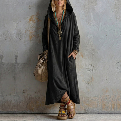 Soft Linen Hooded Maxi Kaftan Dress | Loose Boho Long Sleeve Cover Up