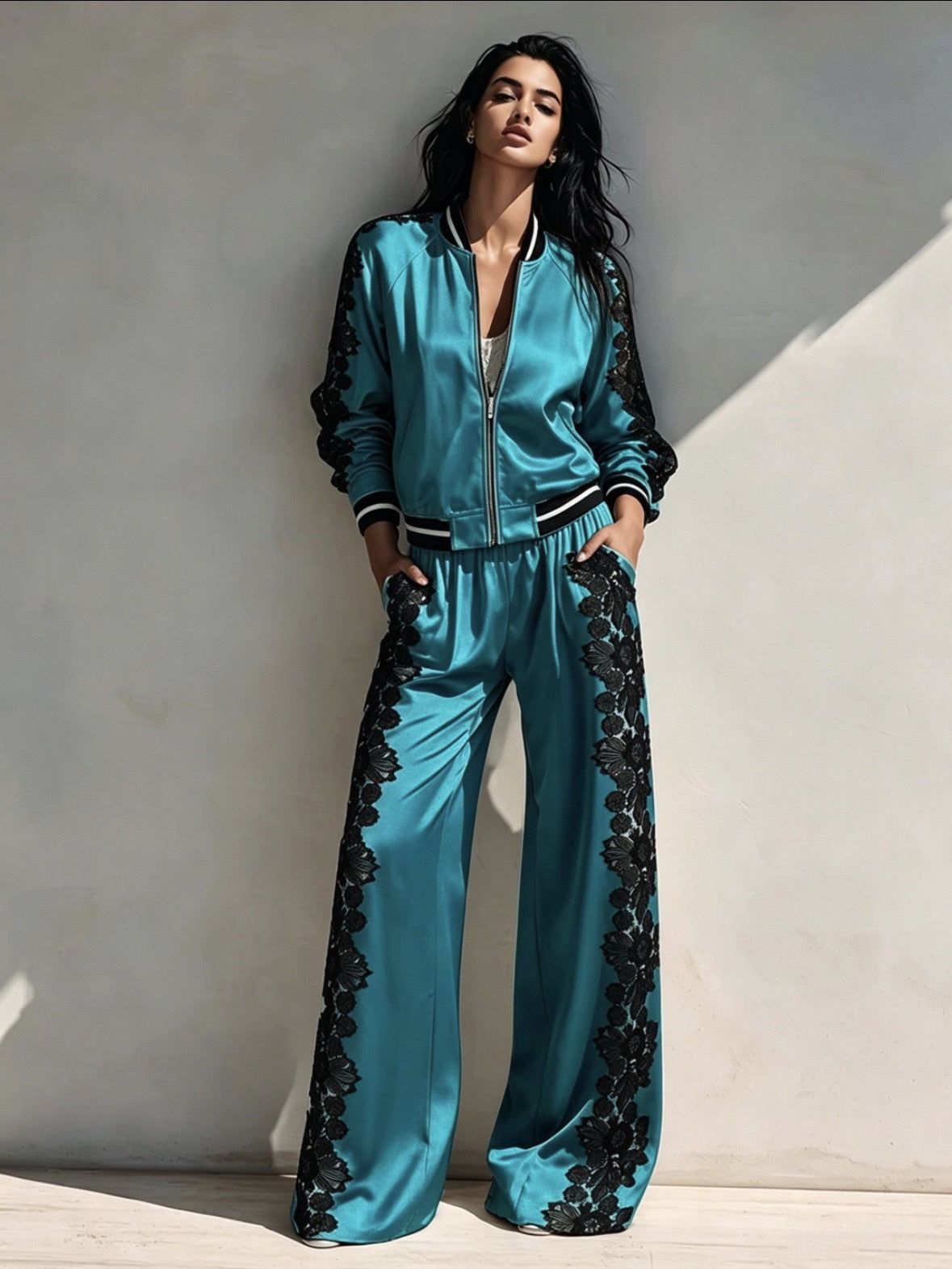 Bomber Jacket & Wide‑Leg Pants Two‑Piece Set with Black Lace Trim