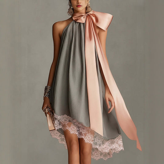 Grey Crinkle Halter Satin Big Bow Lace Hem Mini Dress