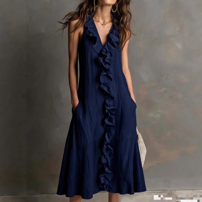 🌿 Ruffle V-Neck Sleeveless Midi Dress