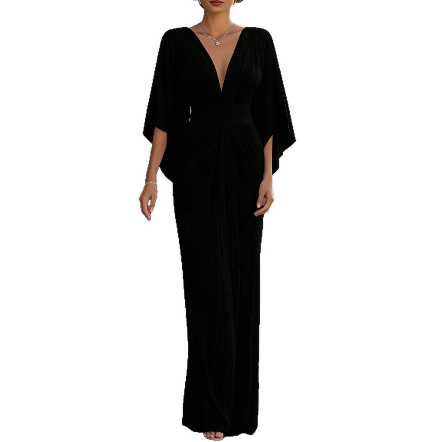 Women's Solid White V‑Neck Cape‑Sleeve Pleated Waist Maxi Evening Dress