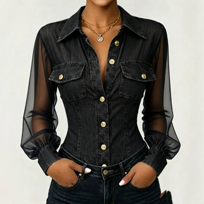 Sheer Mesh Sleeve Denim Blouse
