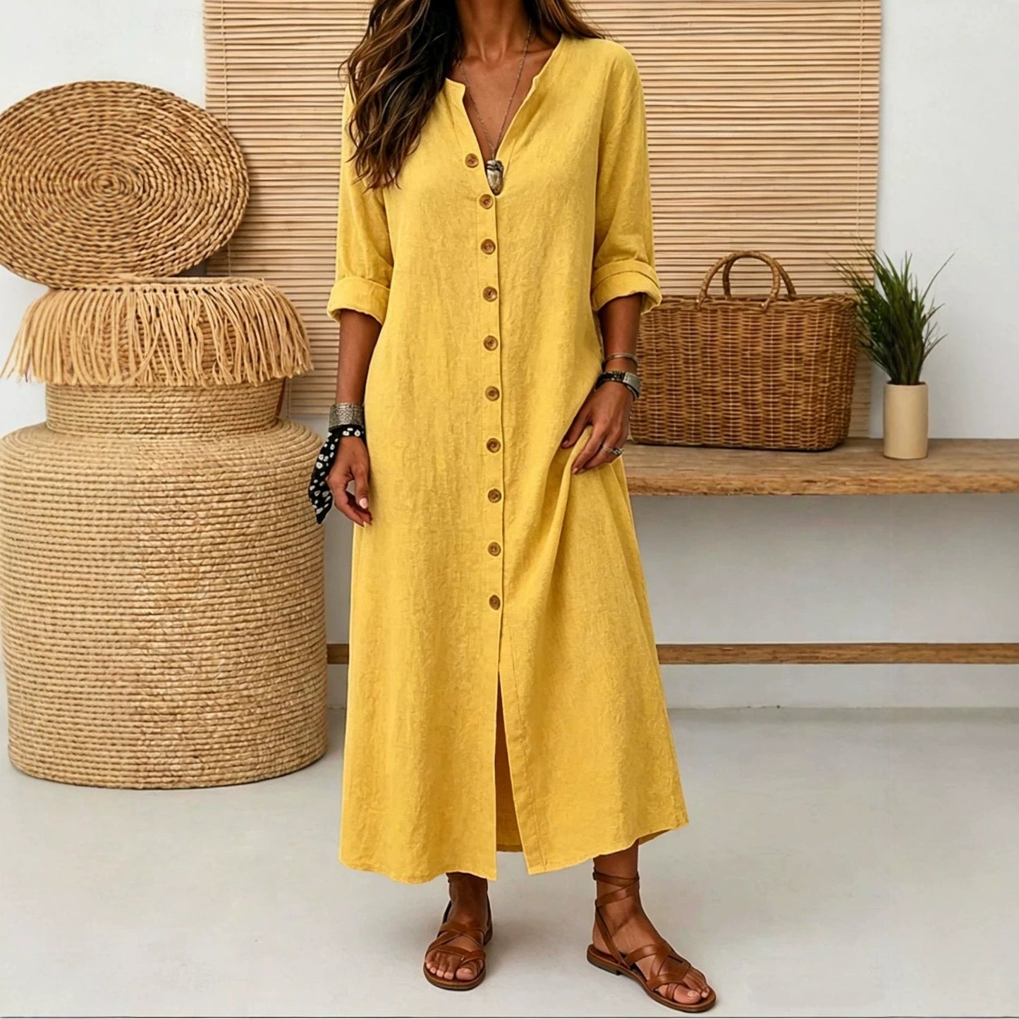 Linen Button-Down Maxi Dress