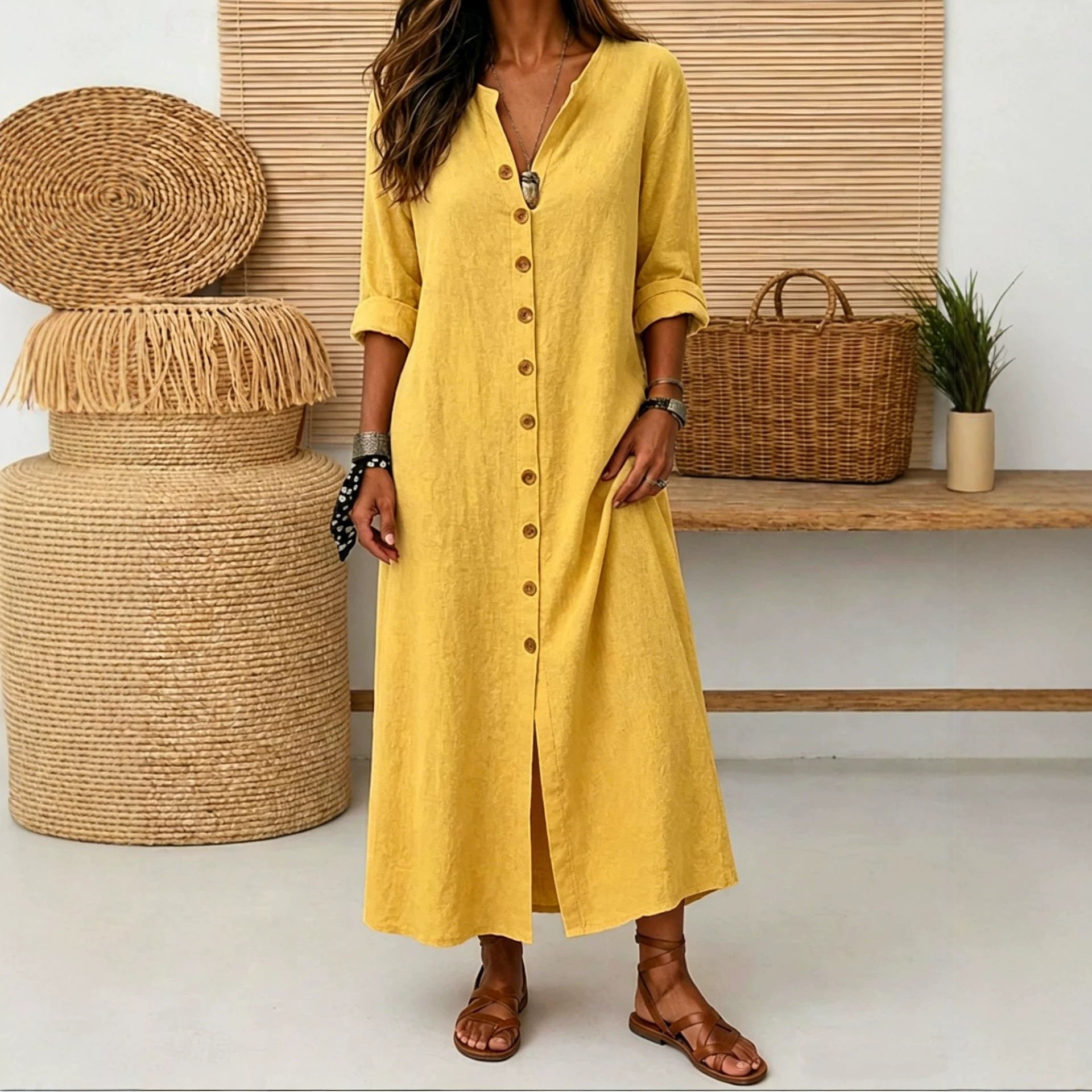 Linen Button-Down Maxi Dress