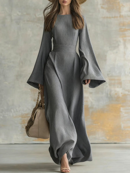 Ribbed Boat Neck Flare Sleeve Fitted Wrap Maxi Dress