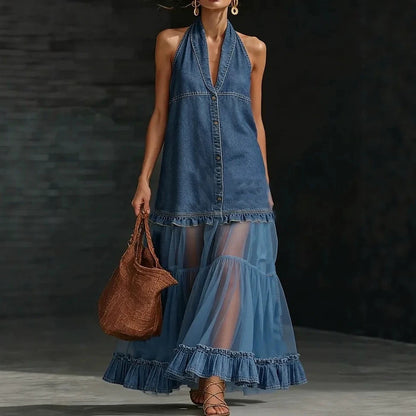 Halter Neck Denim & Tulle Tiered Maxi Dress