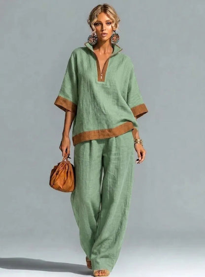 Linen Contrast Brown Trim Half Zip Collar Loose Two Piece Wide Leg Pant Set
