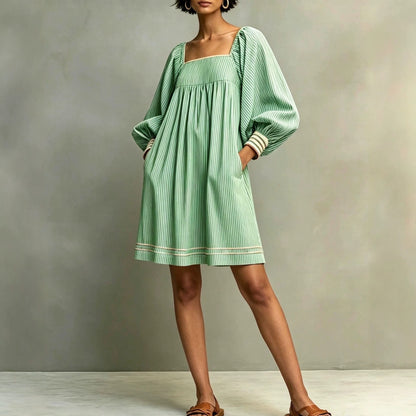 Striped Square Neck Balloon Sleeve Mini Dress