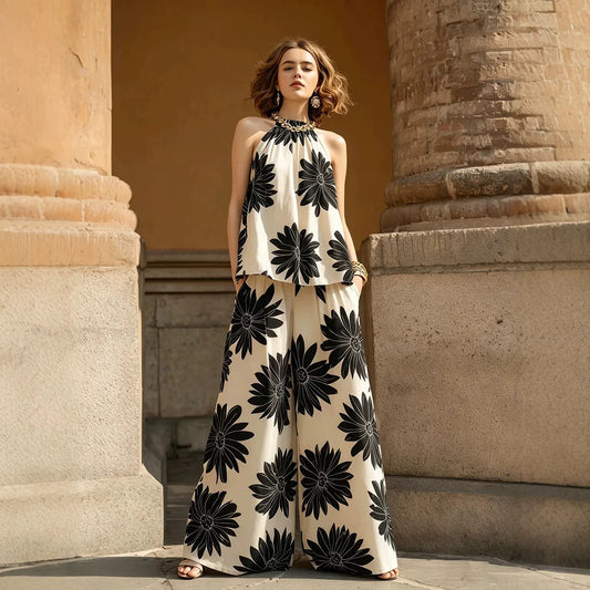 2 Piece Floral Print Wide Leg Pants Set