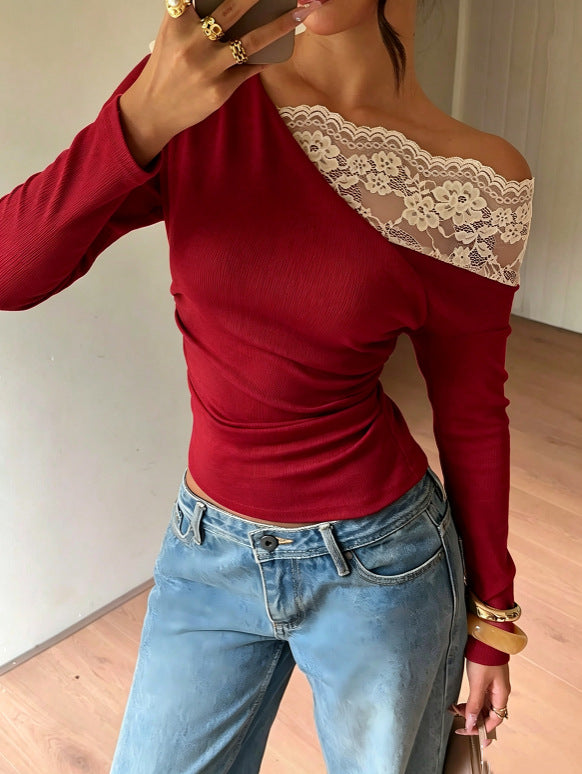 Stylish And Elegant Off-shoulder Knit Top With Lace Detailing