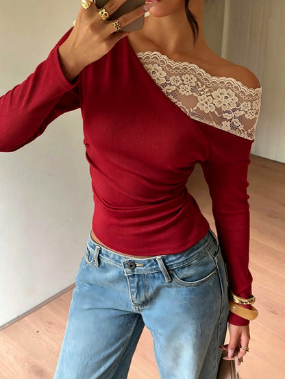 Stylish And Elegant Off-shoulder Knit Top With Lace Detailing