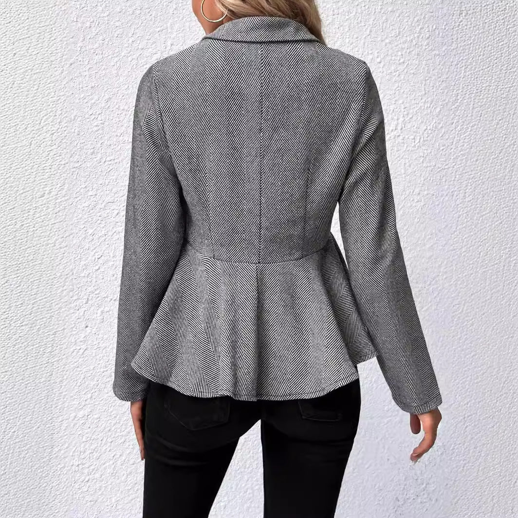 Herringbone Peplum Button‑Front Collared Jacket
