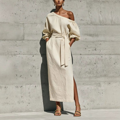 Linen One Shoulder Balloon Sleeve Self Tie Waist Side Slit Midi Dress