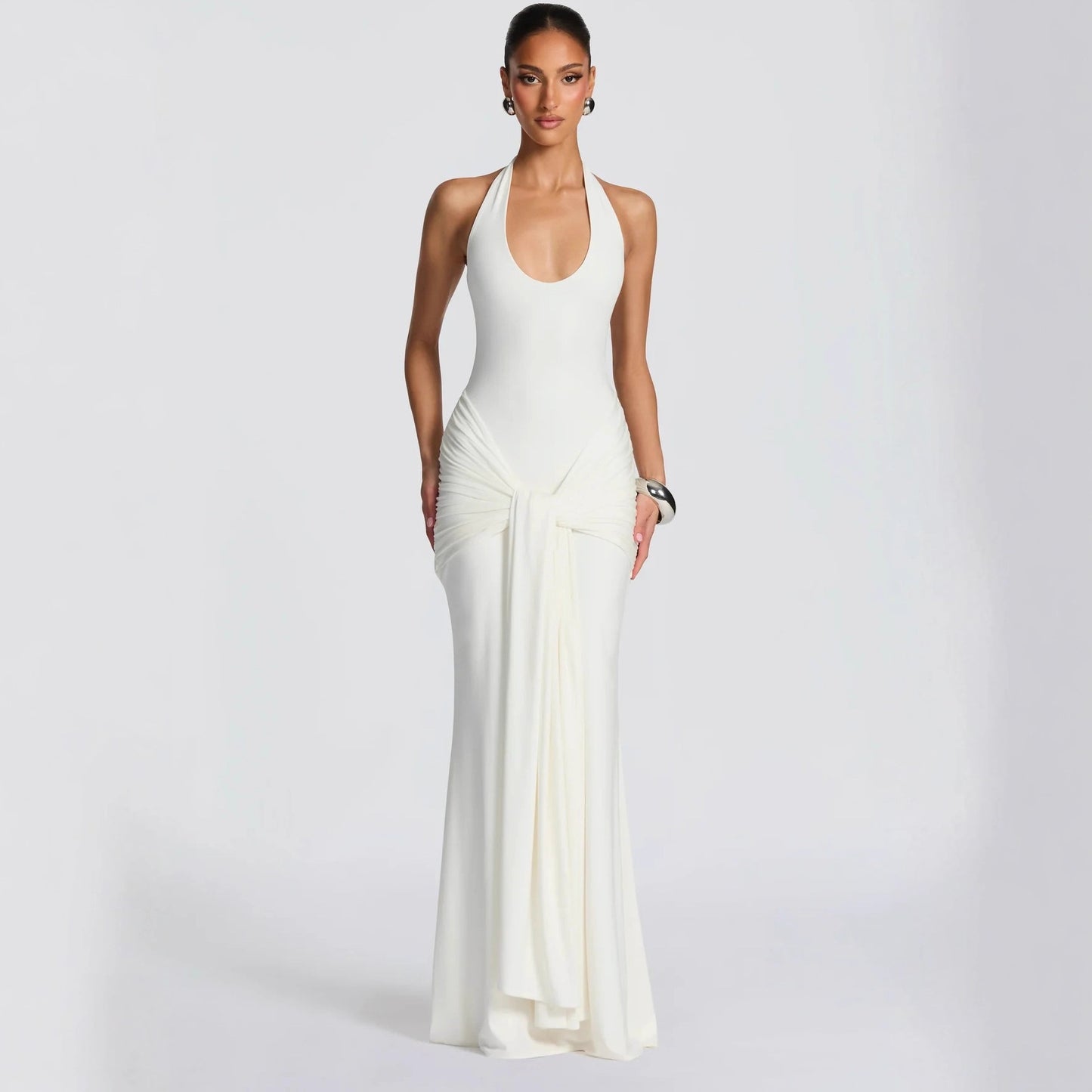 Halter Ruched Draped Mermaid Maxi Evening Dress
