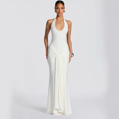 Halter Ruched Draped Mermaid Maxi Evening Dress