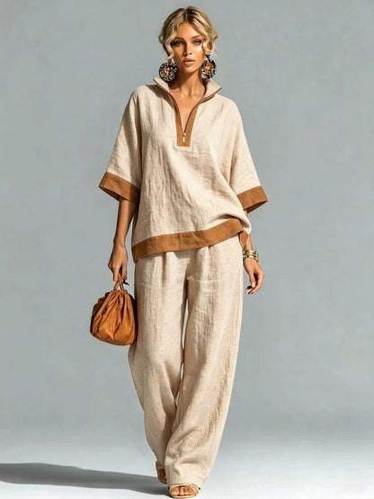 Linen Contrast Brown Trim Half Zip Collar Loose Two Piece Wide Leg Pant Set