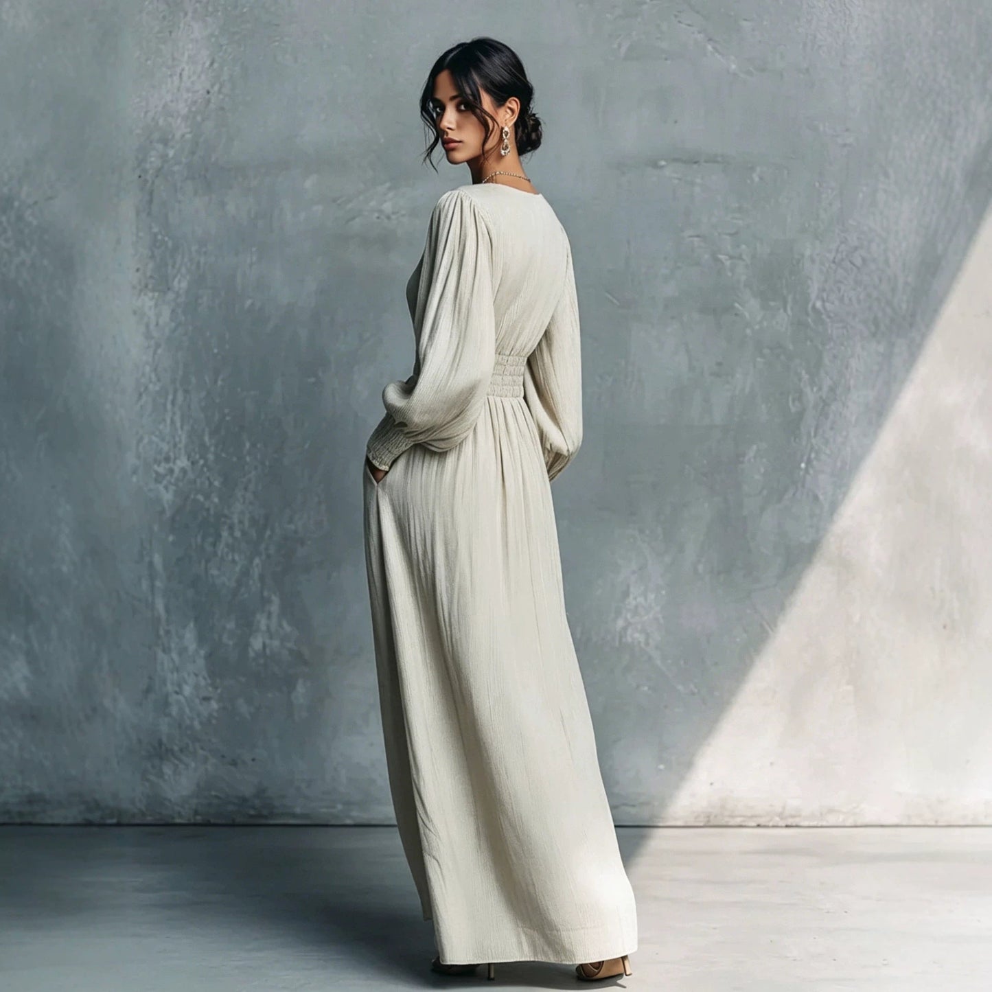 Textured V-Neck Smocked Waist Maxi Dress
