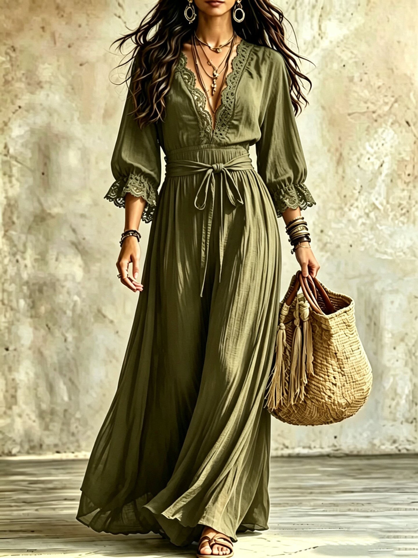 Women Boho V‑Neck Maxi Dress, 3/4 Flare Bell Sleeve Tie Waist A‑Line Flowy Long Dress Casual Vacation Beach Dress