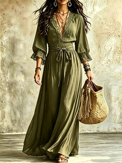 Women Boho V‑Neck Maxi Dress, 3/4 Flare Bell Sleeve Tie Waist A‑Line Flowy Long Dress Casual Vacation Beach Dress