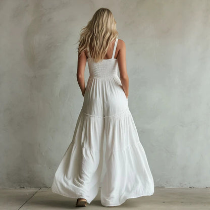 White Smocked Wide-Leg Jumpsuit