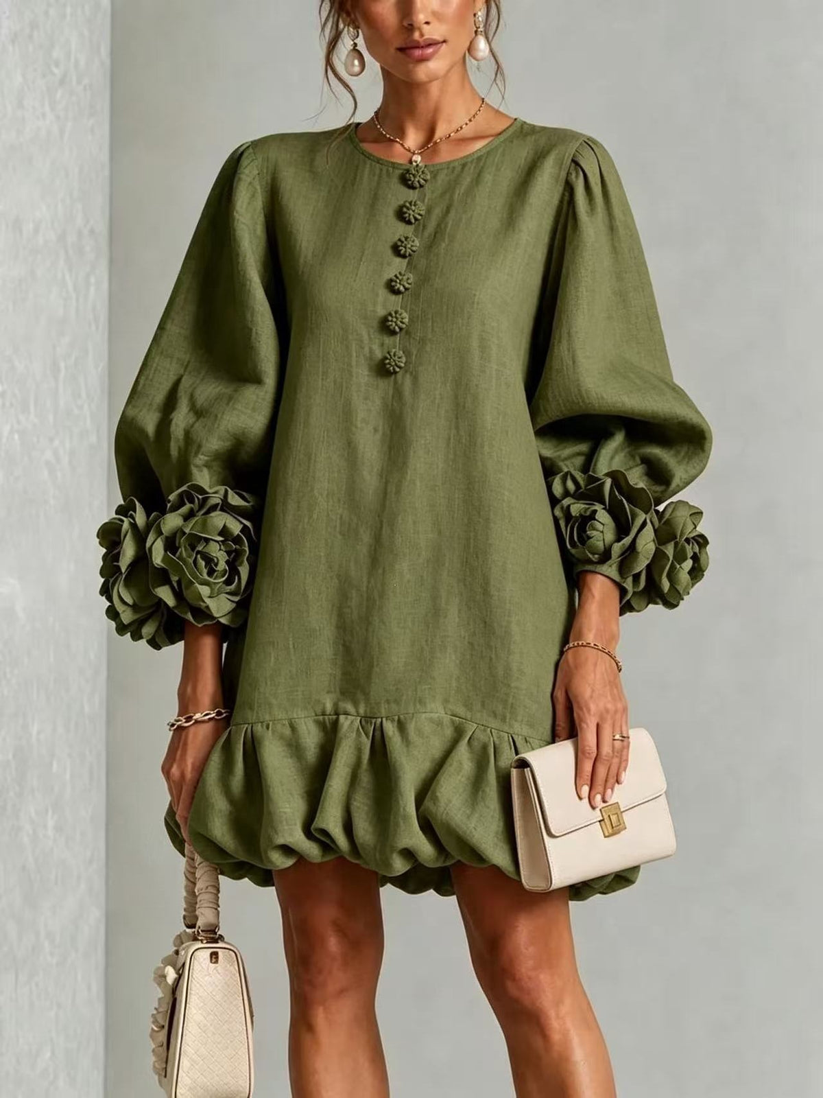 Floral Cotton-Linen Ruffled Dress