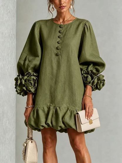Floral Cotton-Linen Ruffled Dress