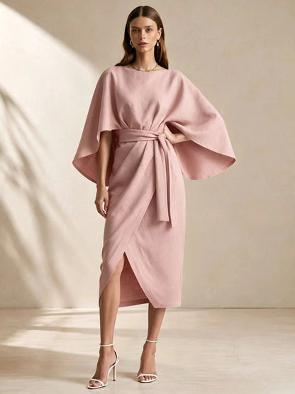 Cape Sleeve Belted Wrap Midi Dress