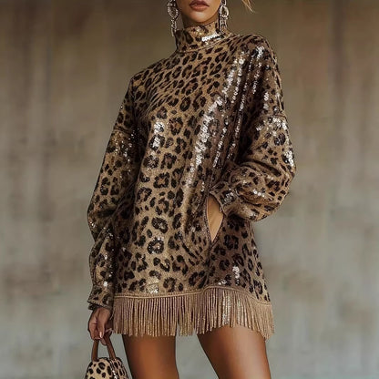 Metallic Sequin High-Neck Fringed Mini Skirt