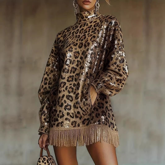 Metallic Sequin High-Neck Fringed Mini Skirt