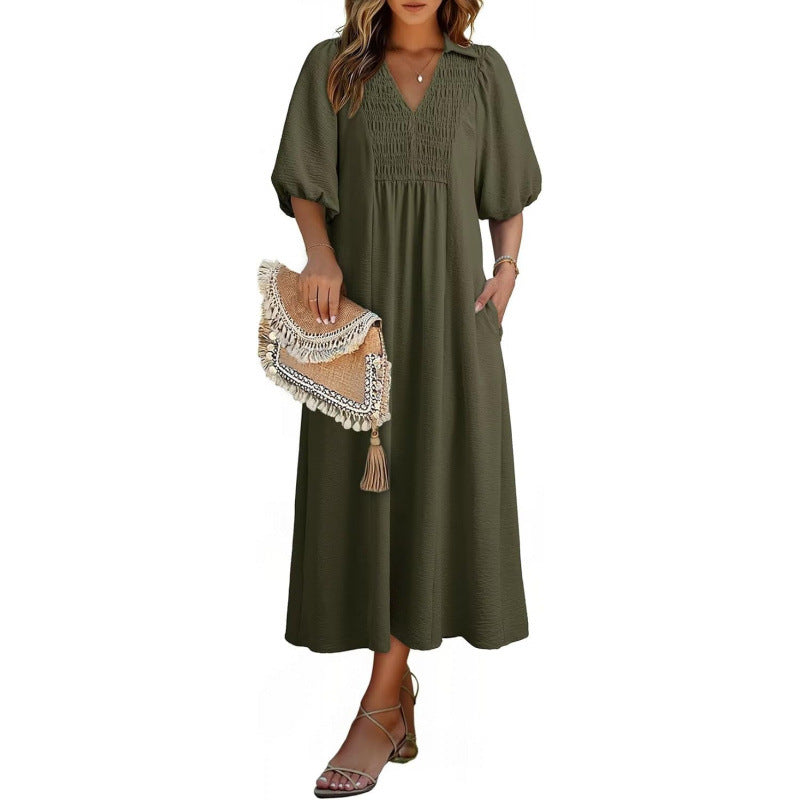 Smocked V‑Neck Puff‑Sleeve Midi Dress