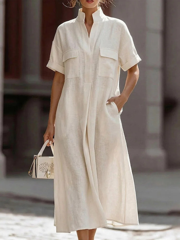 Linen Stand Collar Midi Shirt Dress