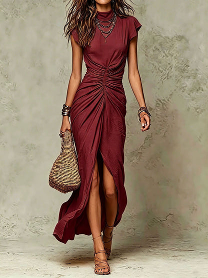 High‑Neck Cap Sleeve Ruched Front Slit Maxi Dress