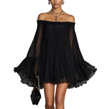 Off‑Shoulder Pleated Chiffon Bell‑Sleeve Mini Dress