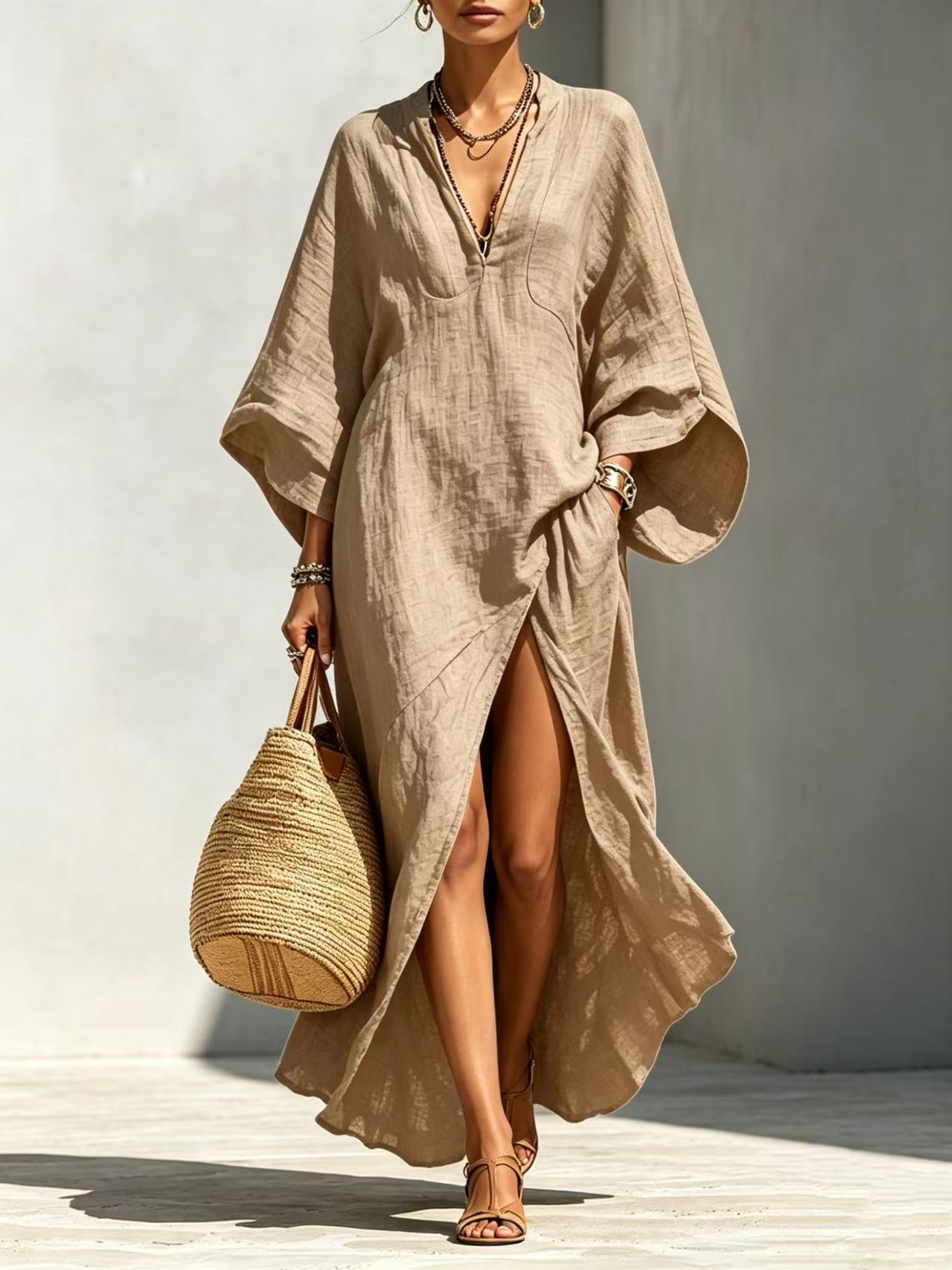 Linen‑Blend V‑Neck Kaftan Maxi Dress