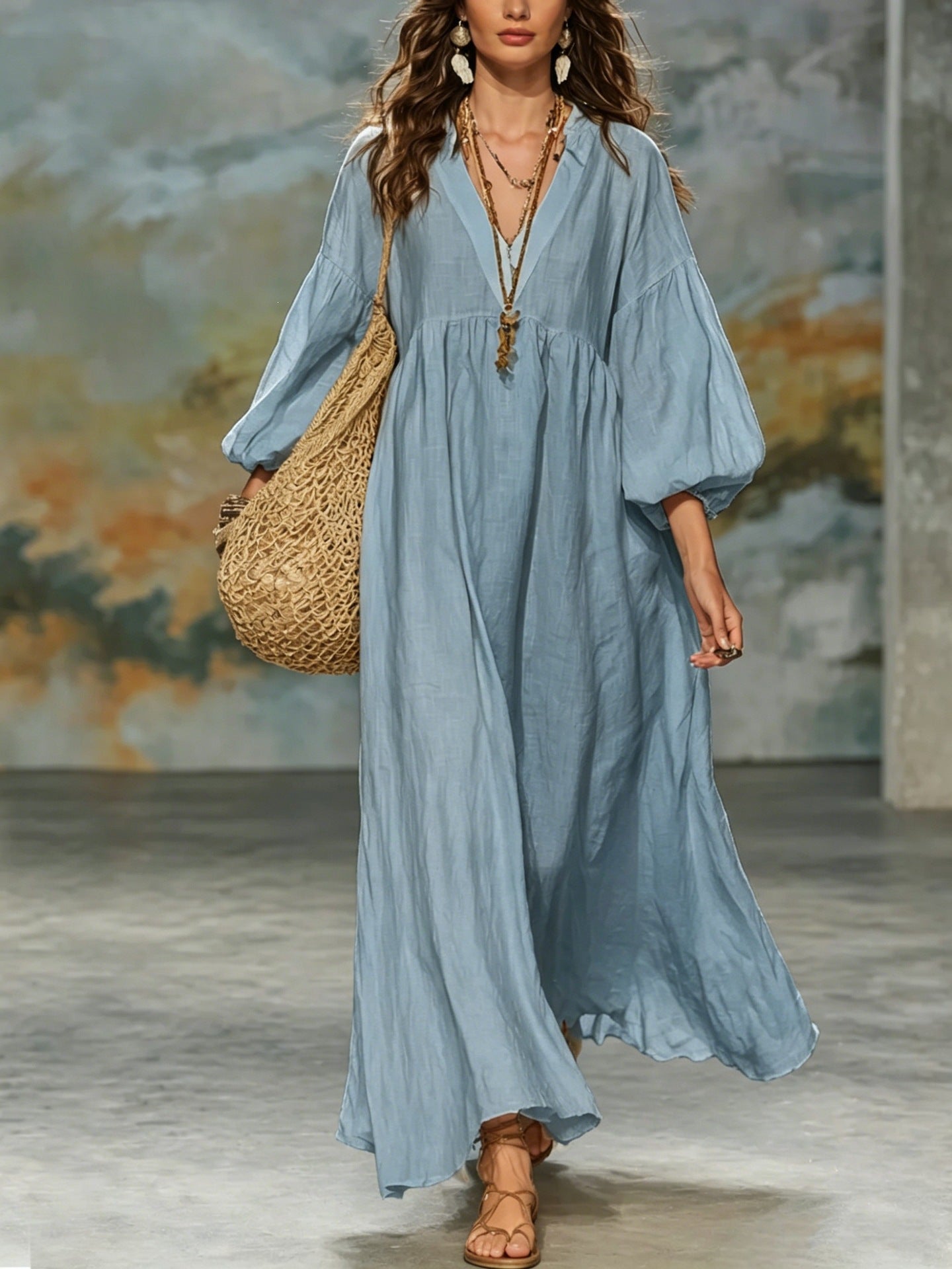 Boho V‑Neck Balloon Sleeve Linen‑Blend Maxi Dress