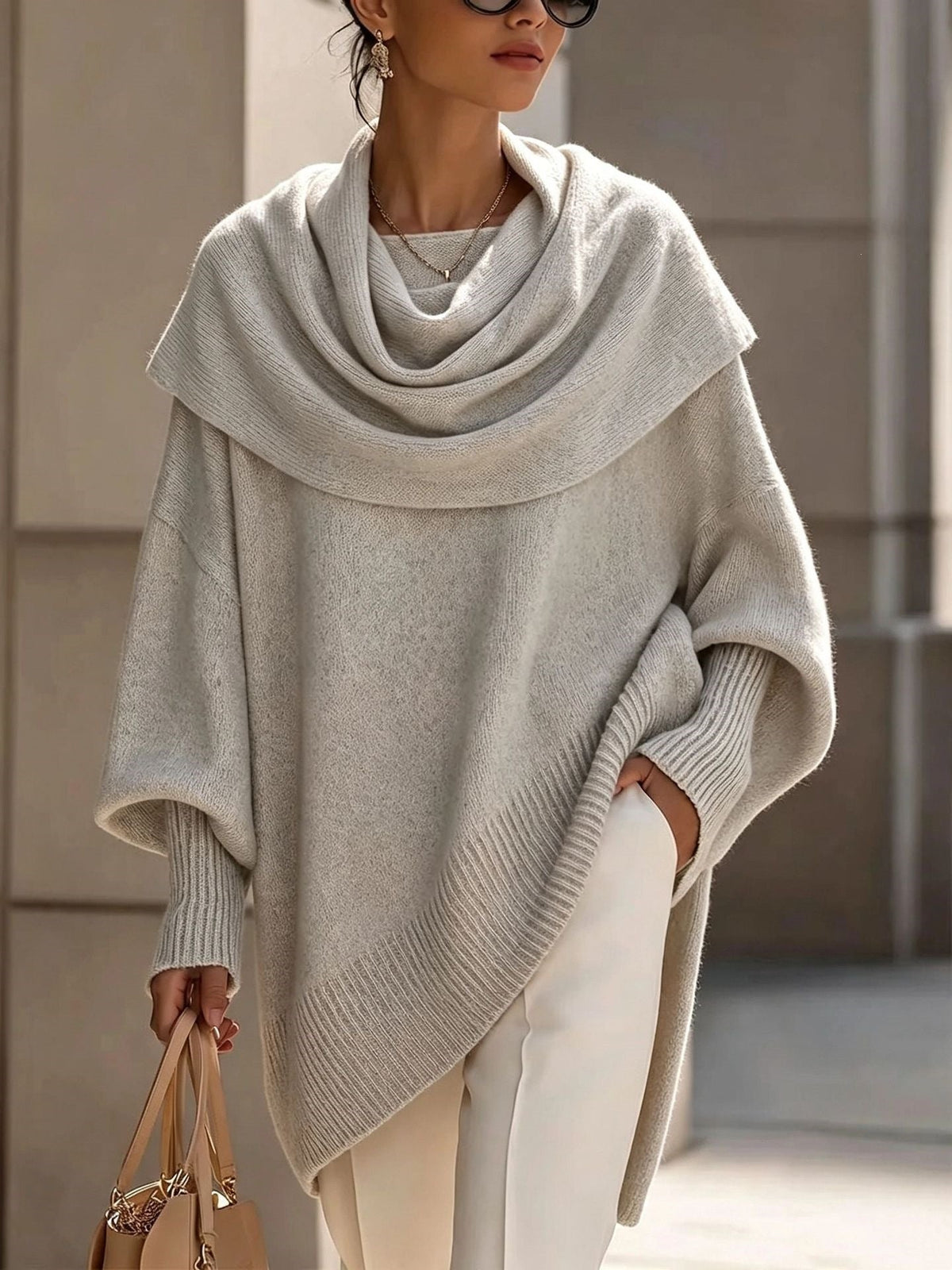 Women's Solid Cowl Neck Oversized Asymmetric Hem Knit Tunic Sweater