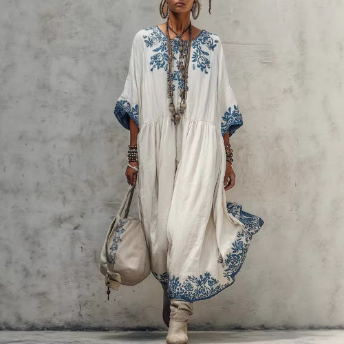 Floral Embroidery Gathered Waist Three Quarter Sleeve Kaftan Maxi Dress