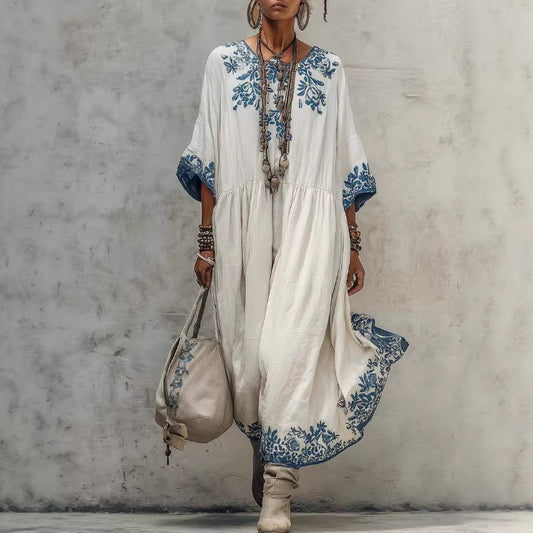 Floral Embroidery Gathered Waist Three Quarter Sleeve Kaftan Maxi Dress
