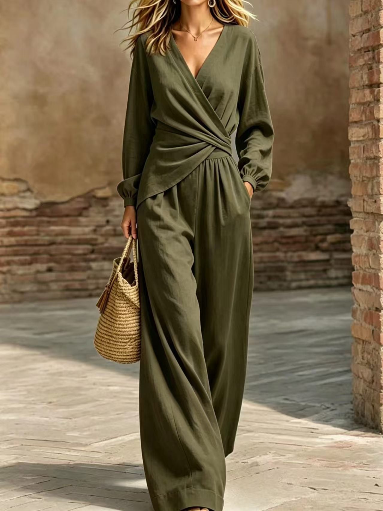 Wrap Top & Wide-Leg Pants Set