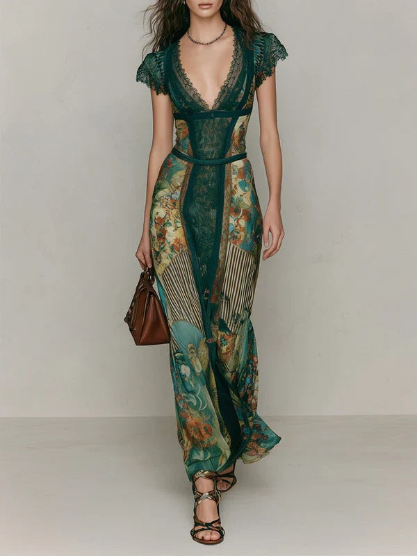 Deep V‑Neck Lace Cap Sleeve Vintage Print Maxi Dress